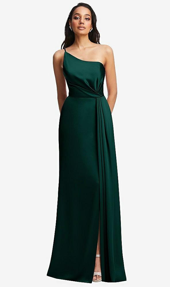 one-shoulder draped skirt satin trumpet gown