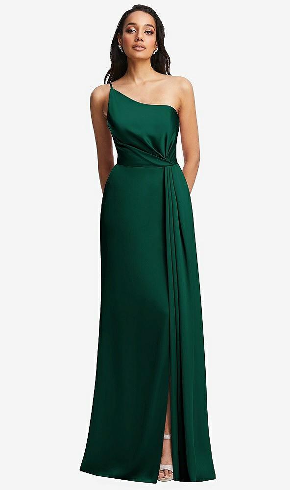 one-shoulder draped skirt satin trumpet gown
