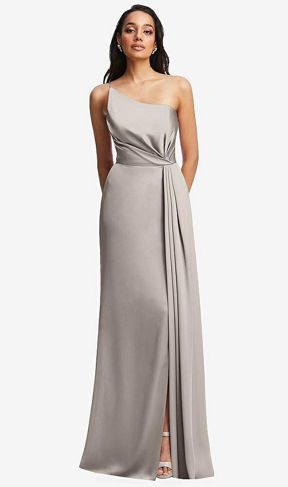 one-shoulder draped skirt satin trumpet gown