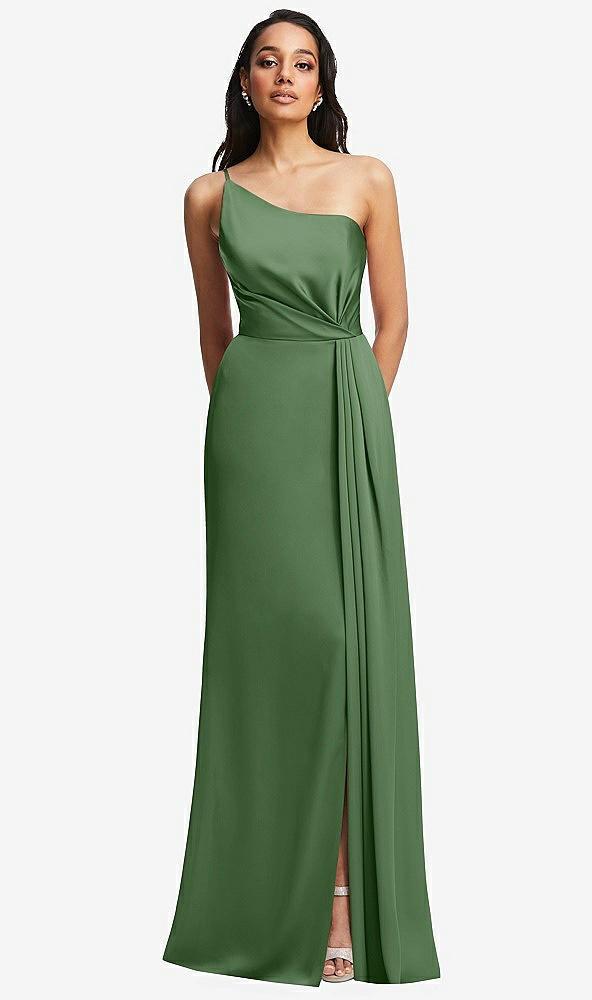 one-shoulder draped skirt satin trumpet gown