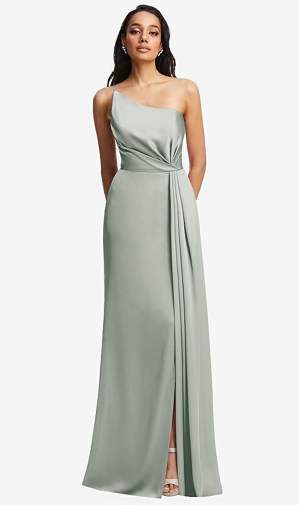 one-shoulder draped skirt satin trumpet gown