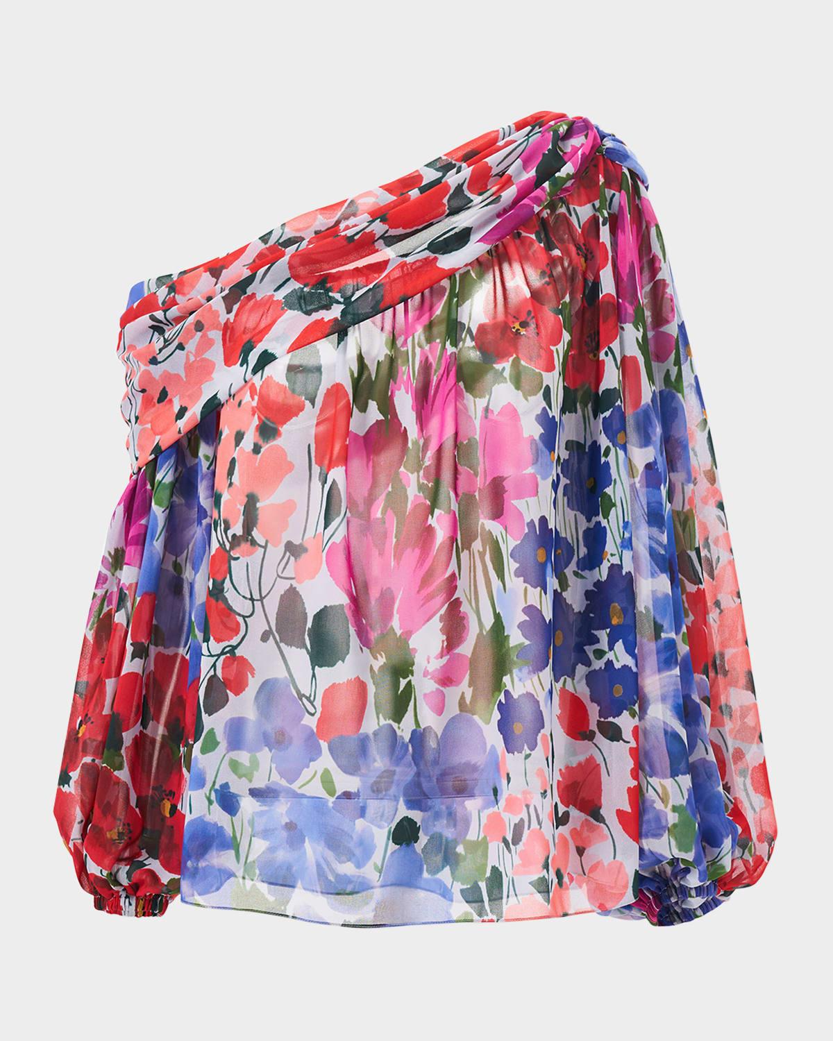 one-shoulder draped top with flower