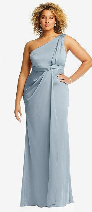 one-shoulder draped twist empire waist trumpet gown