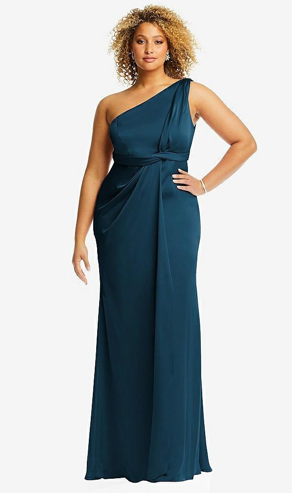 one-shoulder draped twist empire waist trumpet gown