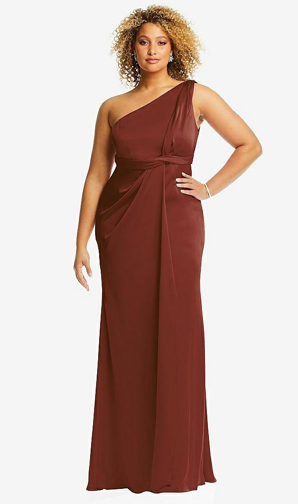one-shoulder draped twist empire waist trumpet gown