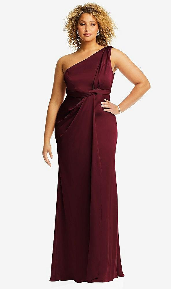 one-shoulder draped twist empire waist trumpet gown