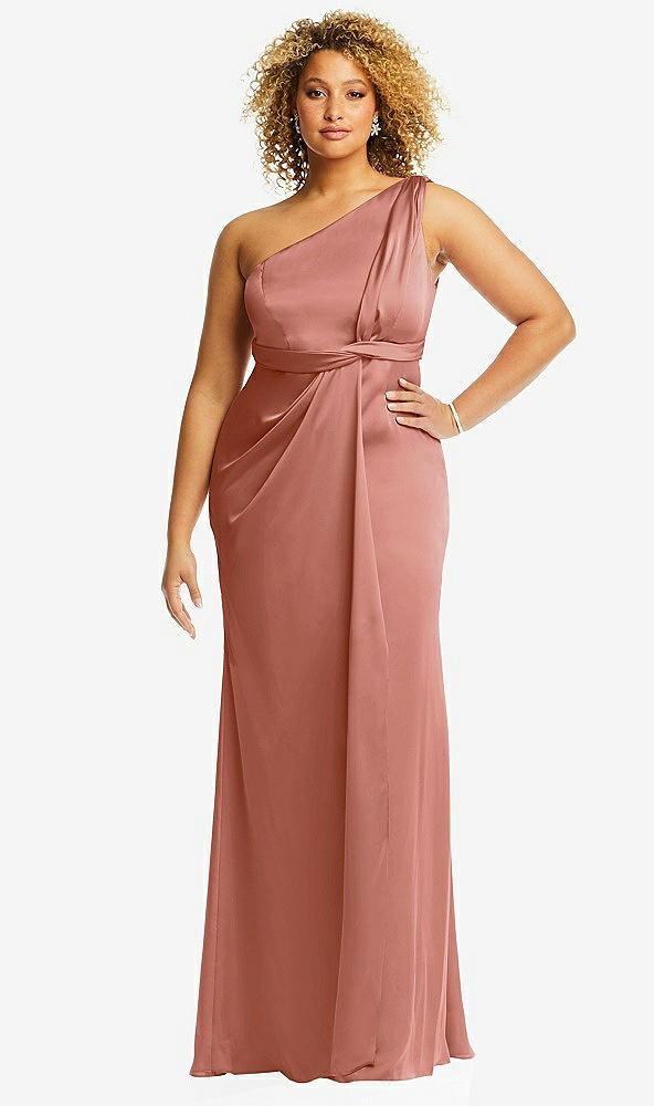 one-shoulder draped twist empire waist trumpet gown