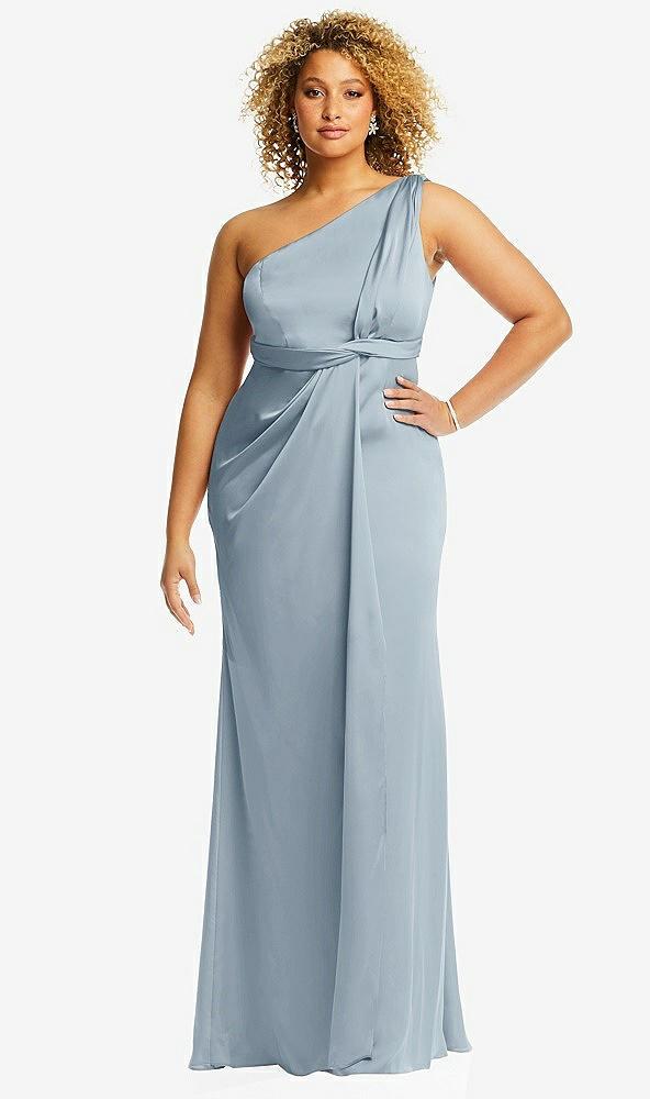 one-shoulder draped twist empire waist trumpet gown