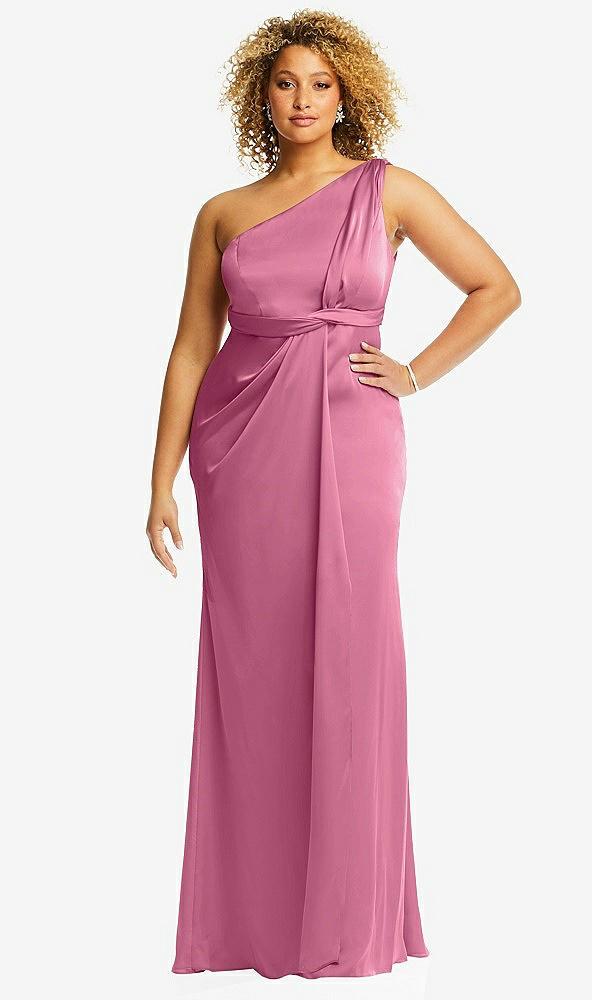 one-shoulder draped twist empire waist trumpet gown