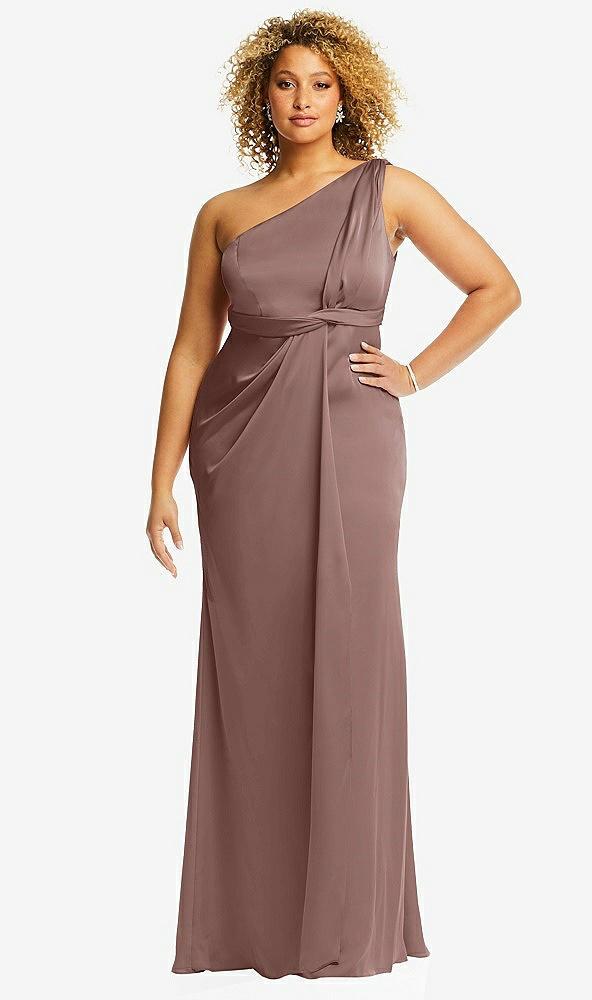 one-shoulder draped twist empire waist trumpet gown