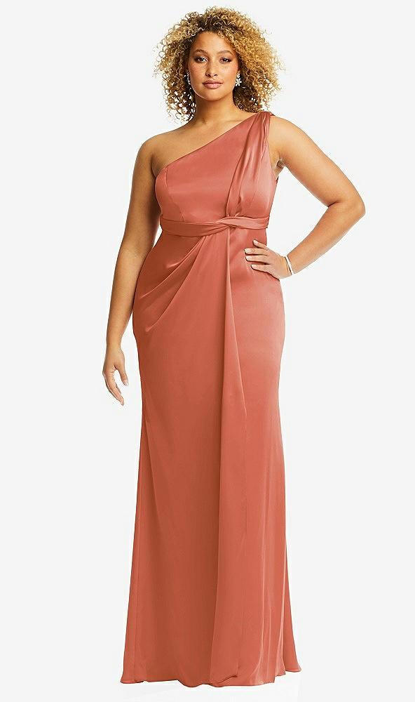 one-shoulder draped twist empire waist trumpet gown