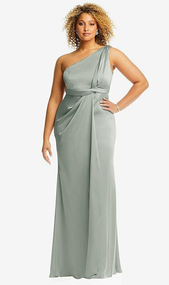 one-shoulder draped twist empire waist trumpet gown