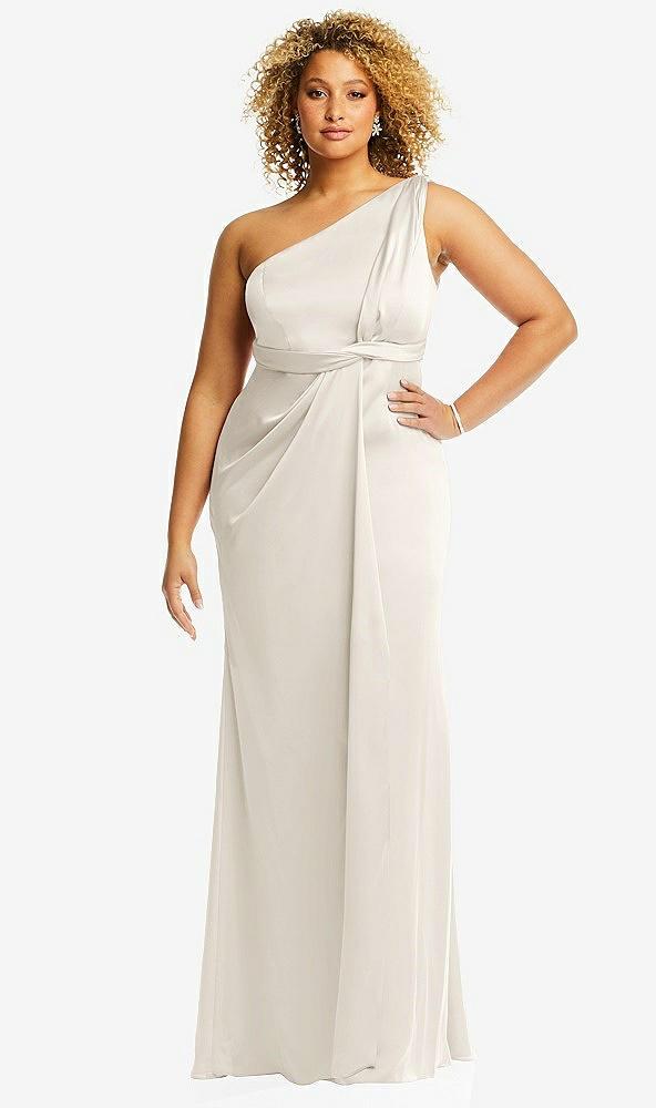 one-shoulder draped twist empire waist trumpet gown