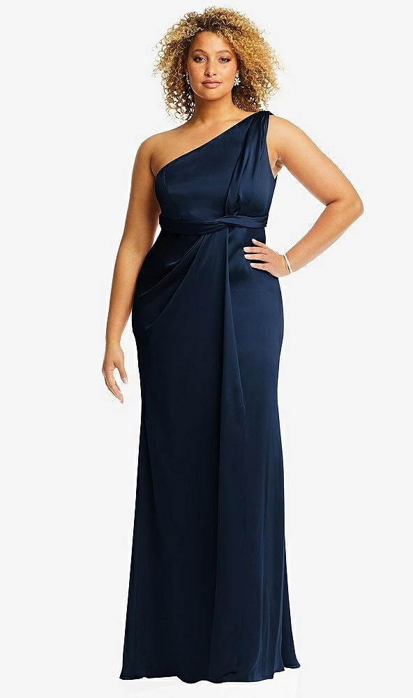 one-shoulder draped twist empire waist trumpet gown