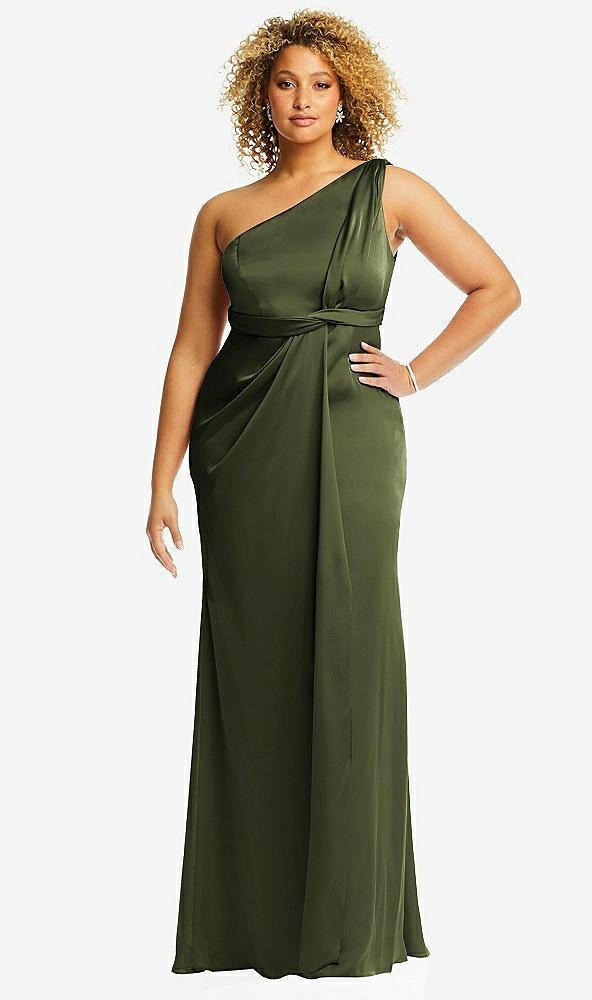 one-shoulder draped twist empire waist trumpet gown
