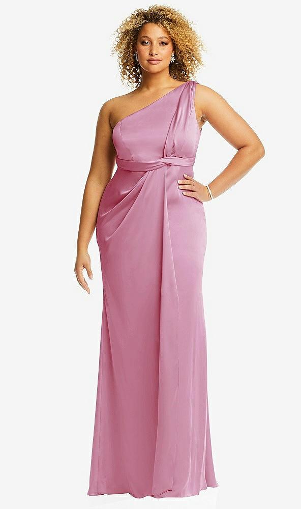 one-shoulder draped twist empire waist trumpet gown
