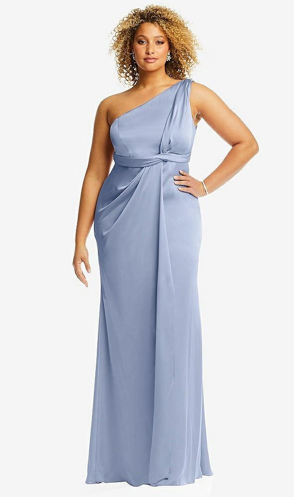 one-shoulder draped twist empire waist trumpet gown