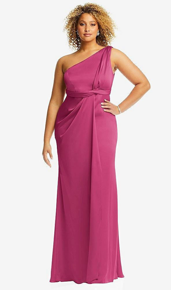 one-shoulder draped twist empire waist trumpet gown