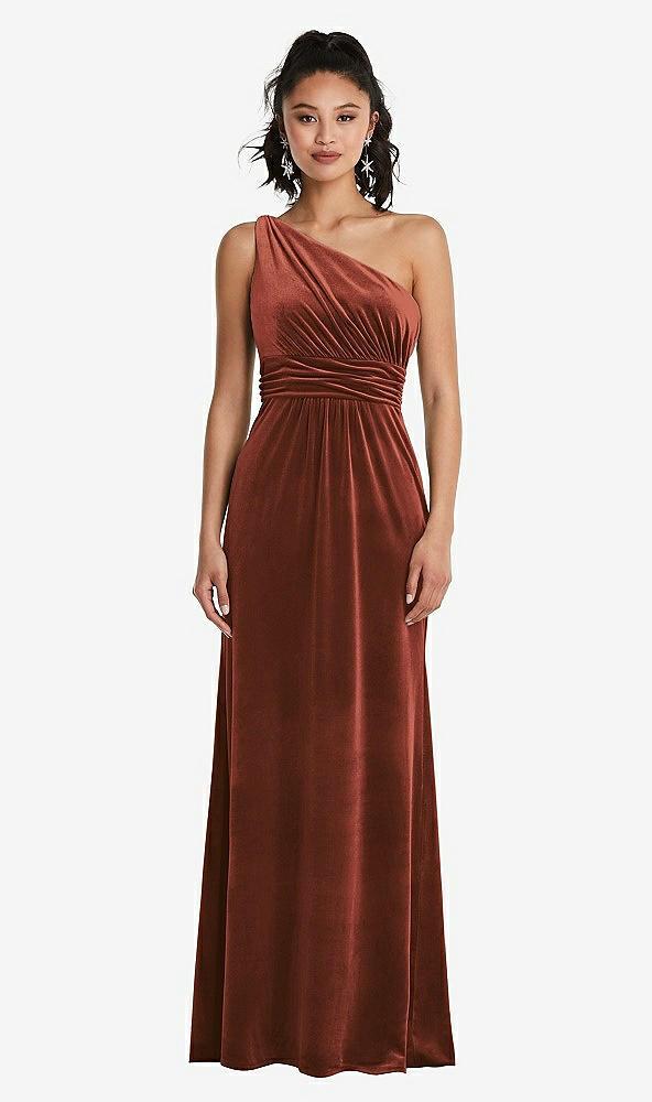 one-shoulder draped velvet maxi dress
