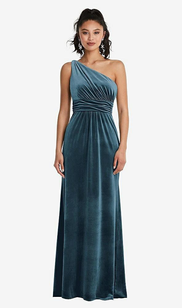 one-shoulder draped velvet maxi dress