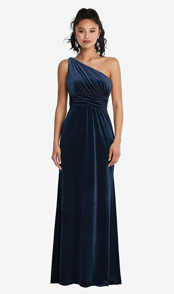 one-shoulder draped velvet maxi dress