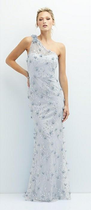 one-shoulder fit and flare 3d floral embroidered dress