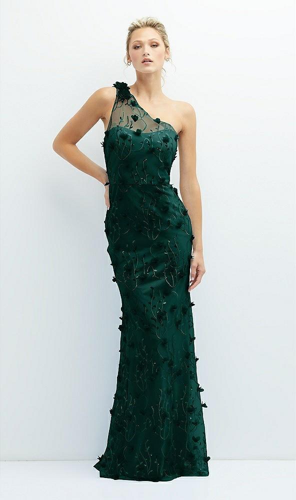 one-shoulder fit and flare 3d floral embroidered dress