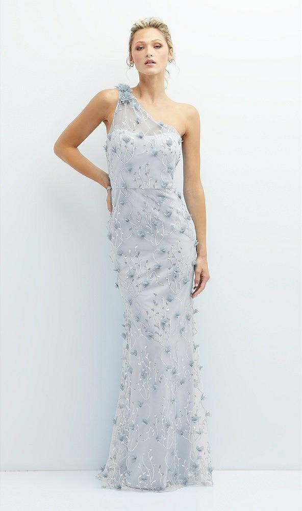 one-shoulder fit and flare 3d floral embroidered dress