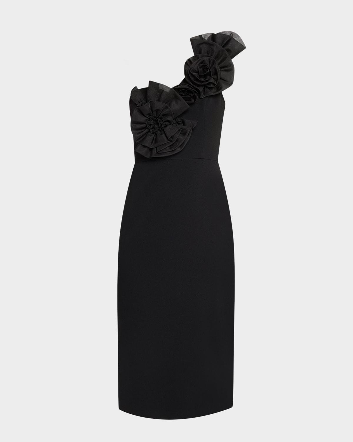 one-shoulder floral applique crepe midi dress