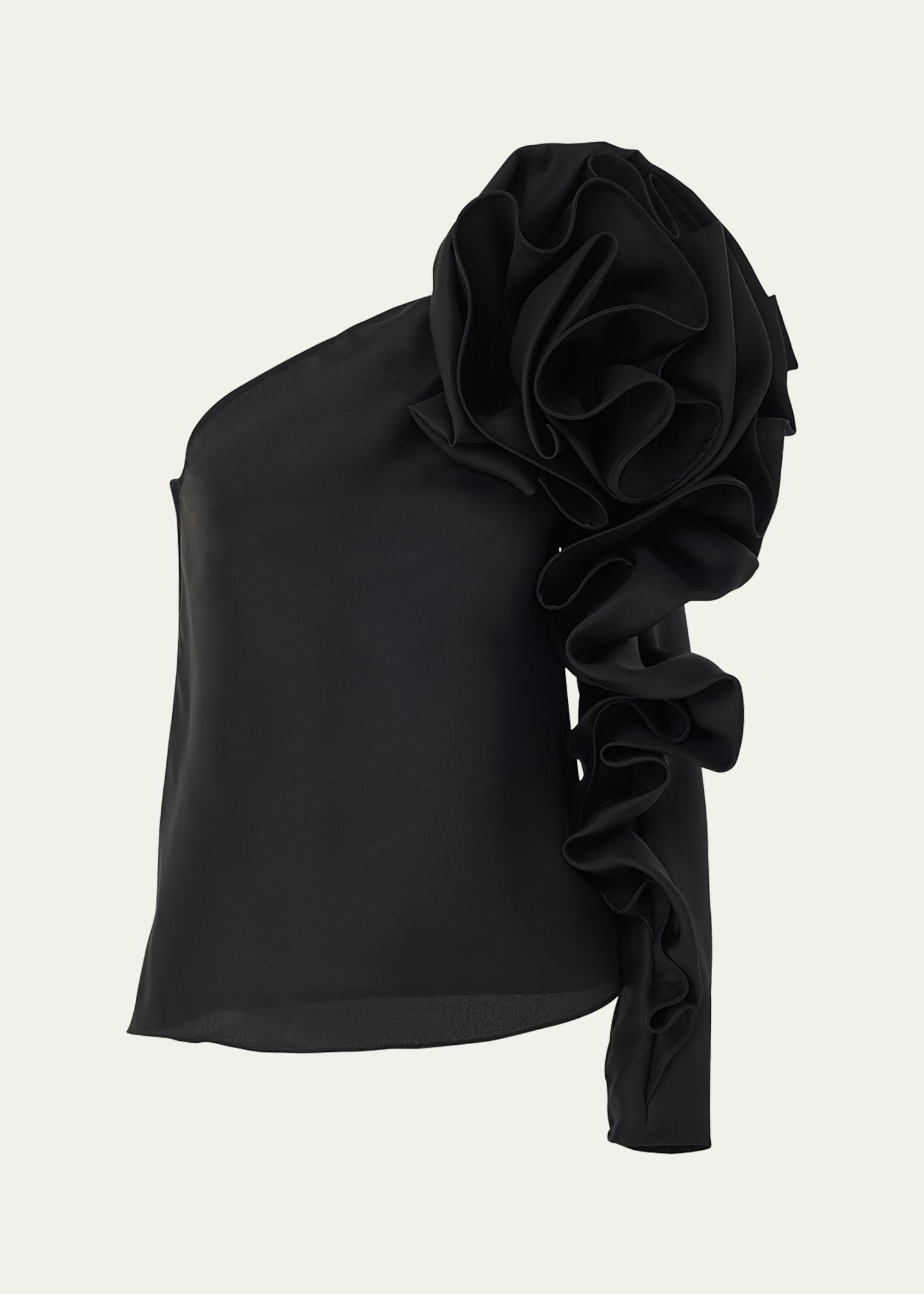 one-shoulder flower sleeve silk top