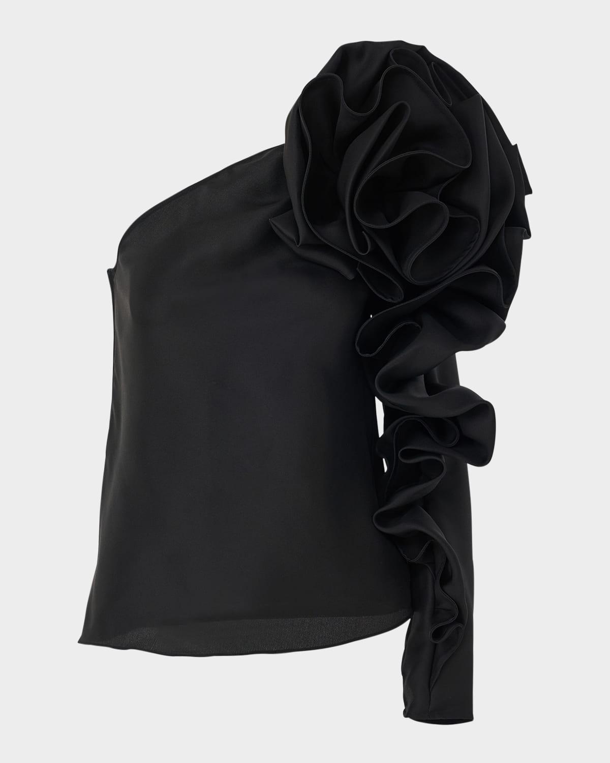 one-shoulder flower sleeve silk top