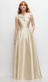 one-shoulder full a-line satin gown with handworked floral appliqué