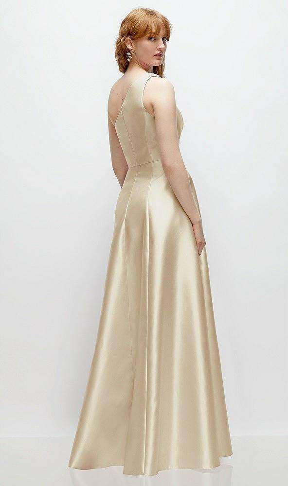 one-shoulder full a-line satin gown with handworked floral appliqué