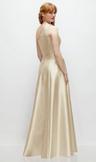 one-shoulder full a-line satin gown with handworked floral appliqué