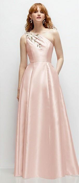 one-shoulder full a-line satin gown with handworked floral appliqué