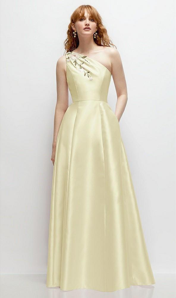 one-shoulder full a-line satin gown with handworked floral appliqué