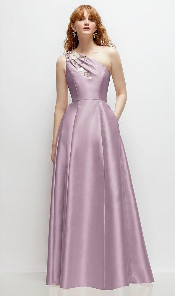 one-shoulder full a-line satin gown with handworked floral appliqué
