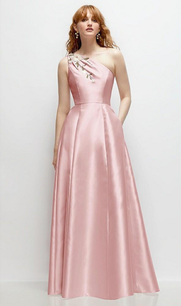one-shoulder full a-line satin gown with handworked floral appliqué