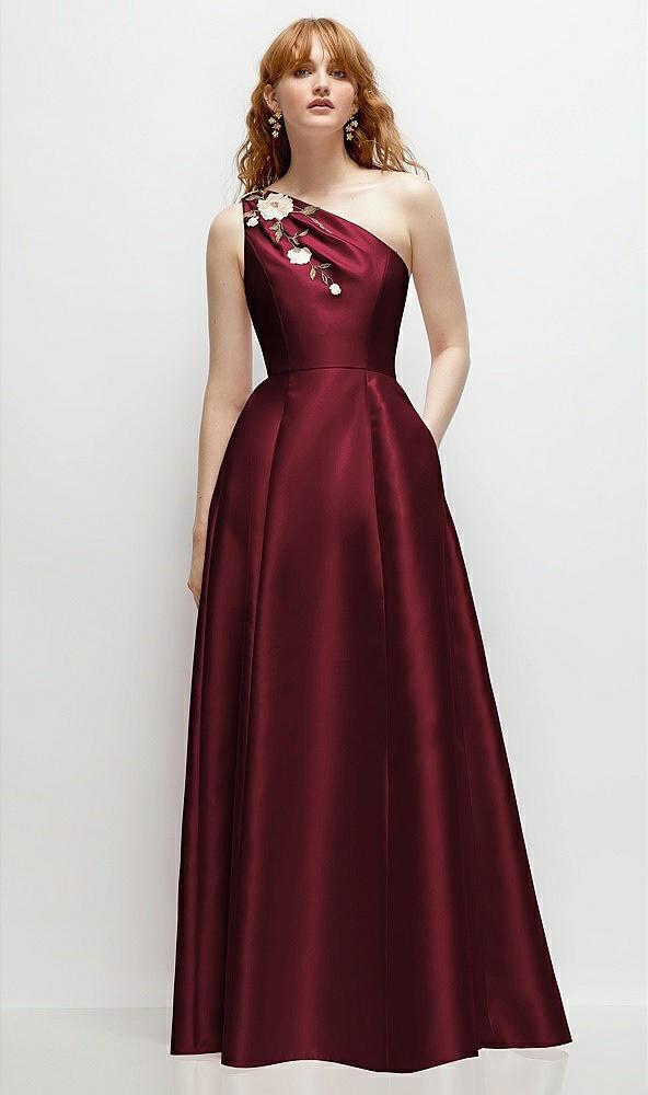 one-shoulder full a-line satin gown with handworked floral appliqué