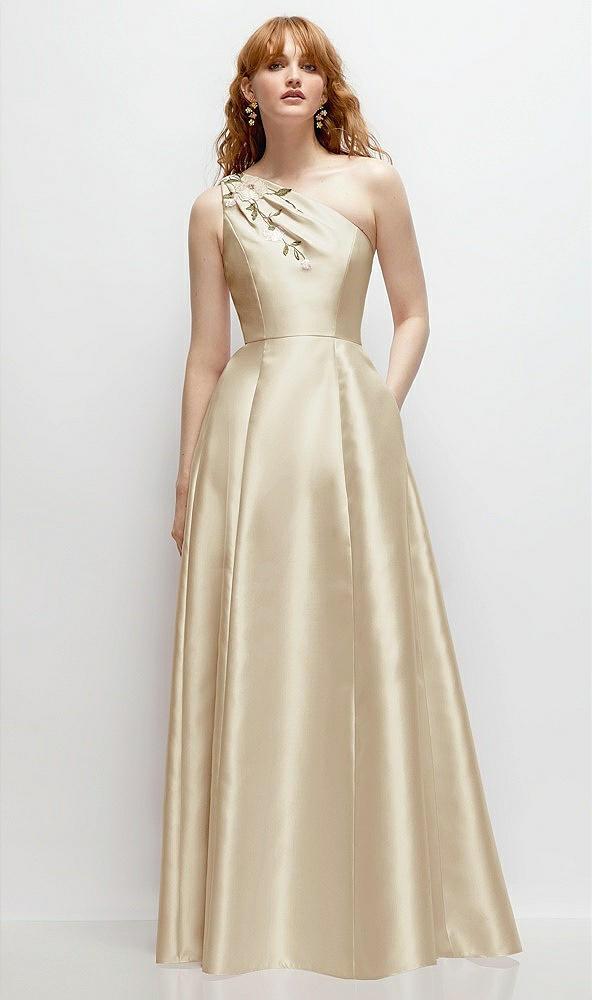 one-shoulder full a-line satin gown with handworked floral appliqué