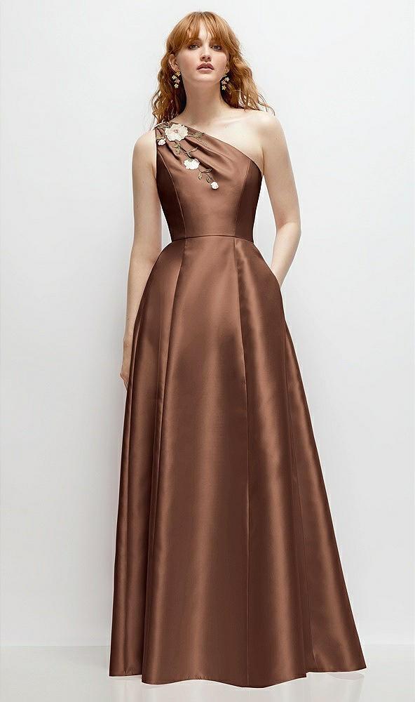 one-shoulder full a-line satin gown with handworked floral appliqué