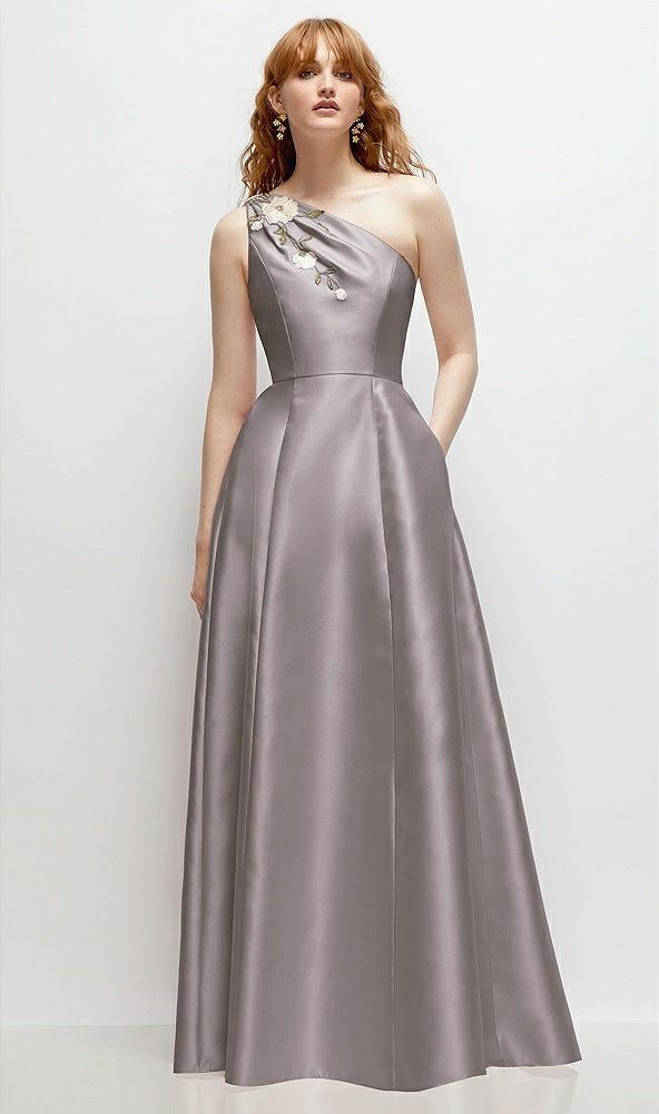 one-shoulder full a-line satin gown with handworked floral appliqué