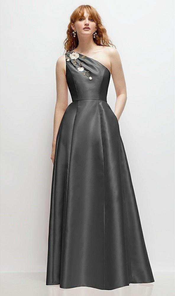 one-shoulder full a-line satin gown with handworked floral appliqué