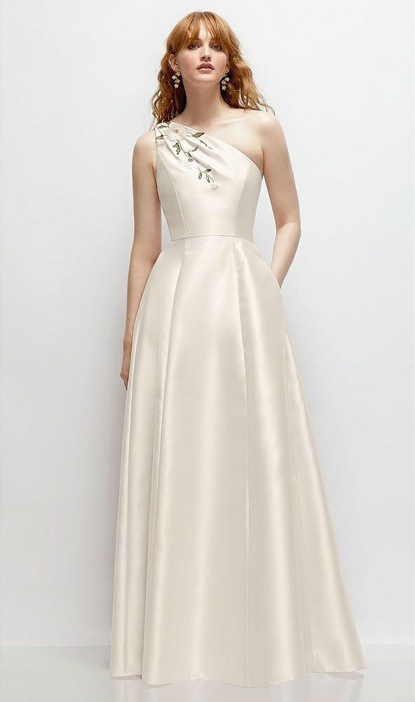 one-shoulder full a-line satin gown with handworked floral appliqué