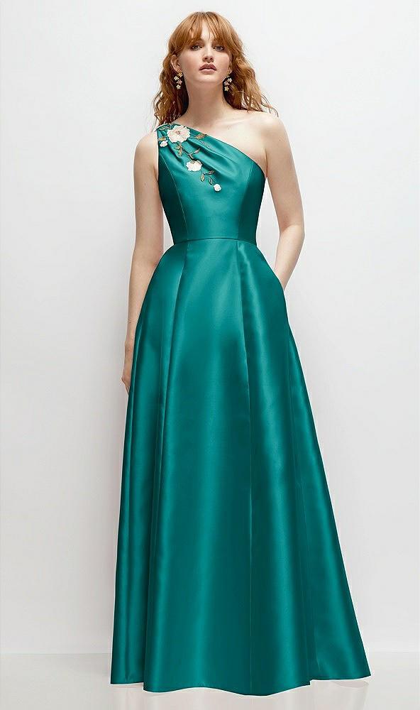 one-shoulder full a-line satin gown with handworked floral appliqué