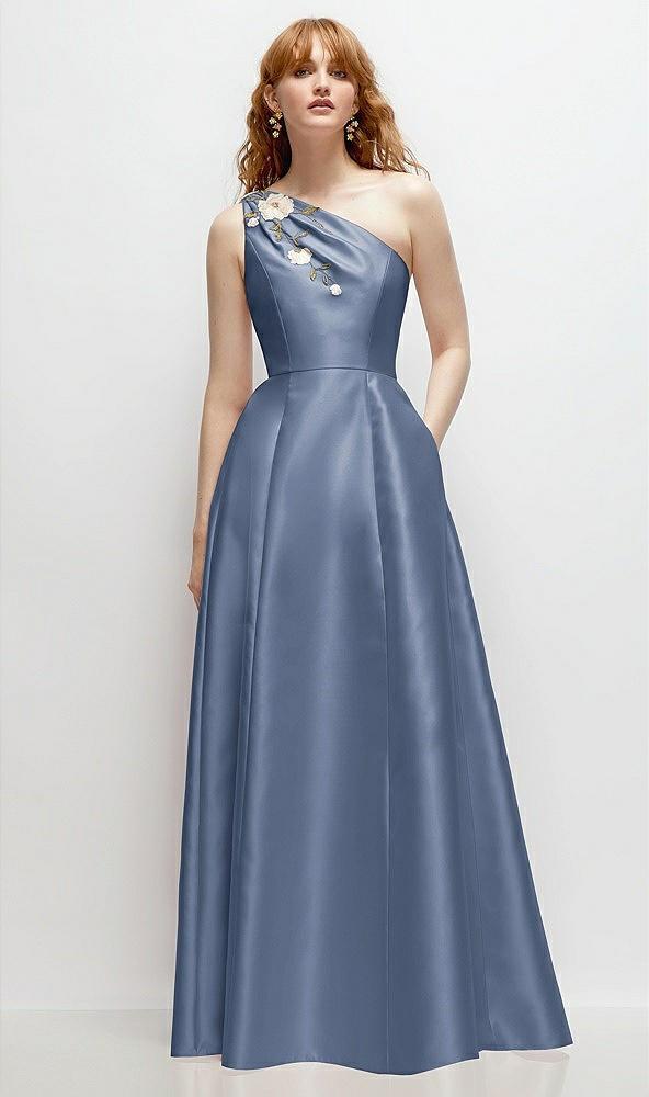 one-shoulder full a-line satin gown with handworked floral appliqué