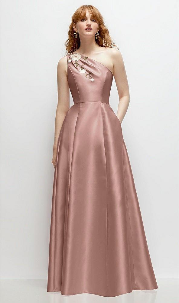 one-shoulder full a-line satin gown with handworked floral appliqué