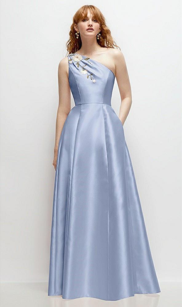 one-shoulder full a-line satin gown with handworked floral appliqué