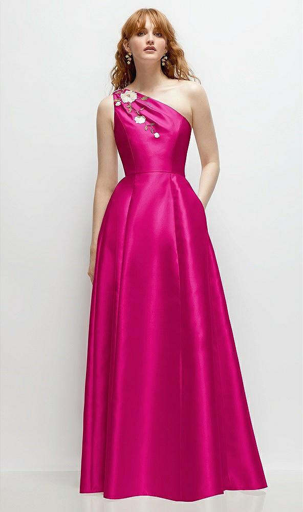 one-shoulder full a-line satin gown with handworked floral appliqué