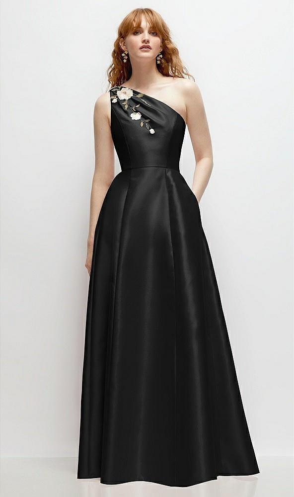 one-shoulder full a-line satin gown with handworked floral appliqué
